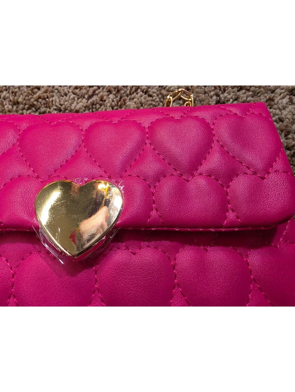 Pink Faux Leather Quilted Heart Pattern Crossbody Bag with Gold Heart Clasp